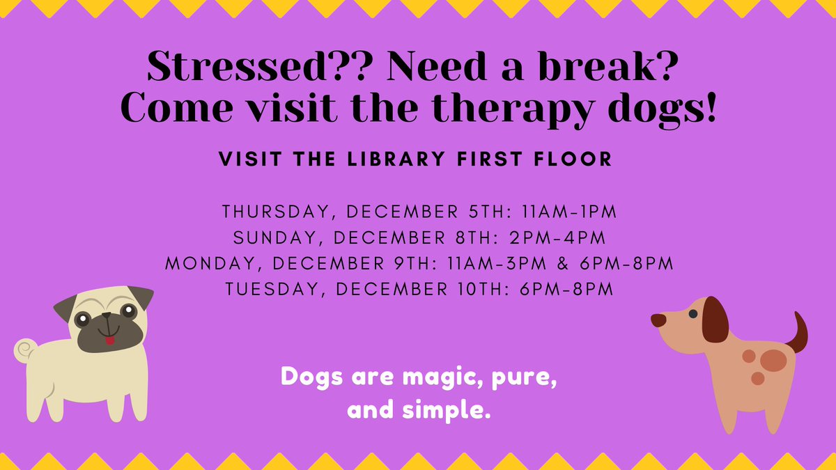 ashlandadvising's tweet photo. Need a break from the stress of finals? Visit the 1st floor of the library for some stress relief and cuddles from therapy dogs! #StressRelief #TheSemesterIsAlmostOver #YouCanDoIt! https://t.co/pY2Sz0K8xw