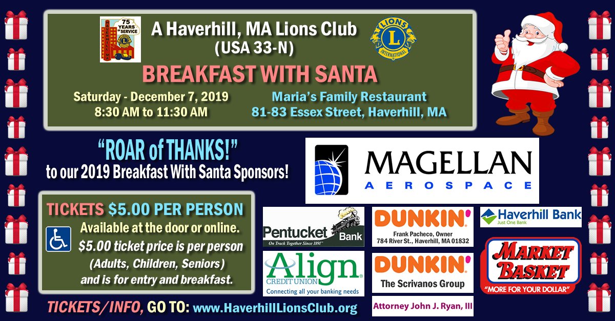 HaverhillLions's tweet photo. The #Haverhill, #MA #LionsClub hopes you can attend our 12/7/19 BREAKFAST WITH SANTA. HELP us serve Haverhill &amp; #MerrimackValley communities. #Tickets available at the door or online: https://t.co/pY0qRlUjik - 
#haverhilllions #haverhilllionsclub #district33n #lionsclub #weserve https://t.co/rTBHBsIgye
