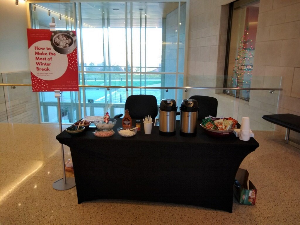 OlinWCC's tweet photo. Hey Undergrads! Stop by the atrium in Knight/Bauer Hall to learn how to make the most of winter break! #FreeHotChocolate #OlinNow https://t.co/2WxiHB5yVY