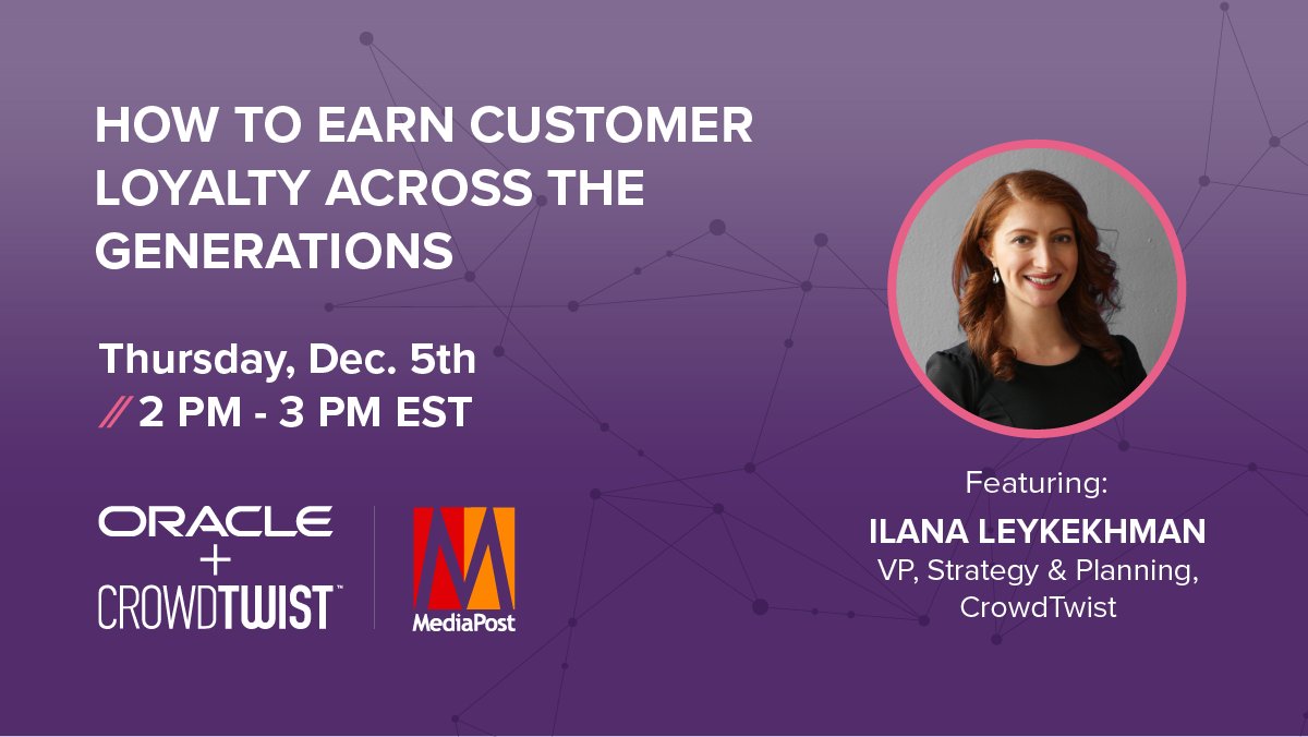 CrowdTwist (@crowdtwist) on Twitter photo Join Ilana Leykekhman VP of Strategy & Planning at <a href="/CrowdTwist/">CrowdTwist</a>. today at 2 pm EST as she shares new research on generational consumer trends. Register here: bit.ly/2OFROEm Join Ilana Leykekhman VP of Strategy & Planning at <a href="/CrowdTwist/">CrowdTwist</a>. today at 2 pm EST as she shares new research on generational consumer trends. Register here: bit.ly/2OFROEm