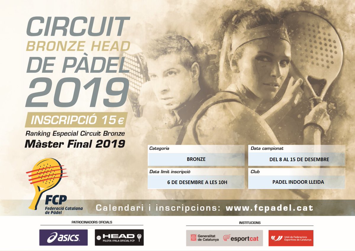 FCatalanaPadel's tweet photo. Fins demà a les 10:00h us podeu inscriure als següents tornejos:
✏️ #MasterFCP Absolut I #MenorsFCP
📍@PadelMataro
✏️ Circuit #BronzeFCP @HEAD_PADEL
📍@terrassasports (BCN)
📍@padelindoor (LLD)
Animeu-vos!!! https://t.co/0jKOlBYw1F