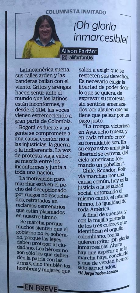TadeoCrossLab's tweet image. Como parte de la alianza que tenemos entre el #CrossmediaLab y @adncolombia, en la edición del periódico de hoy, se publica una columna de opinión escrita por Álison Farfán de @Utadeo_edu_co.  

¡Oh gloria inmarcesible!