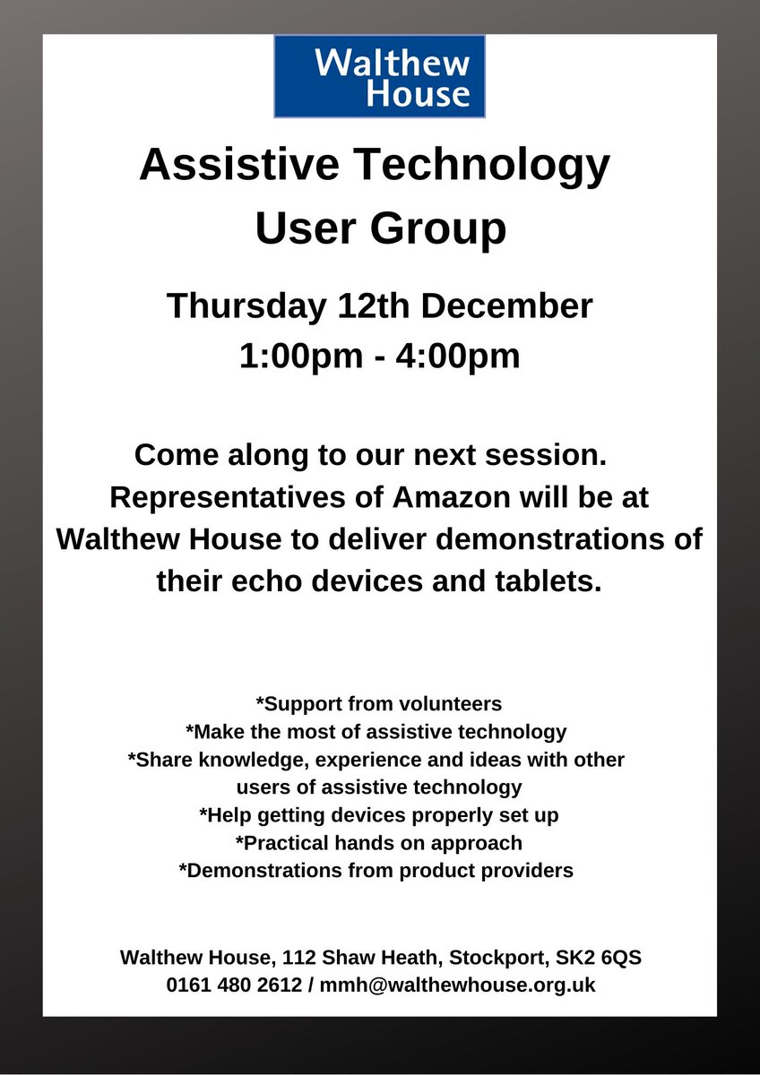 NHSStockportCCG's tweet photo. Know someone with #Sight problems? There will be an #AssistedTechnology session on Thursday 12 December 2019. 1 - 4pm. @WalthewHouse https://t.co/PhdN2Bcw2t