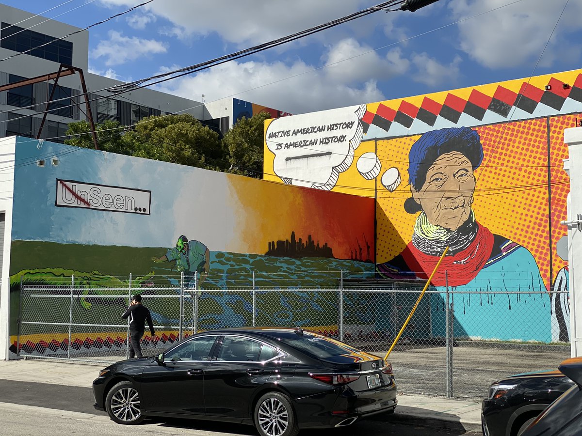 WynwoodMiami's tweet photo. A look at the Miccosukee Tribe of Indians 1st formal mural installation by artist #BunkyEchoHawk in Wynwood designed to raise awareness about the Tribe‘s SoFla heritage. Find it at 2600 N Miami Ave. https://t.co/0S1UuAZLZ2