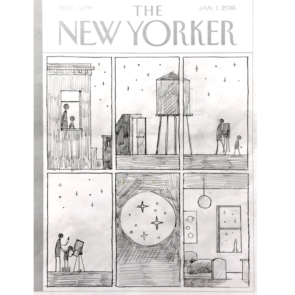 Four stages of my `Rooftop Astronomy' cover for the @NewYorker: Doodles, pencil rough, ink drawing, finished art.