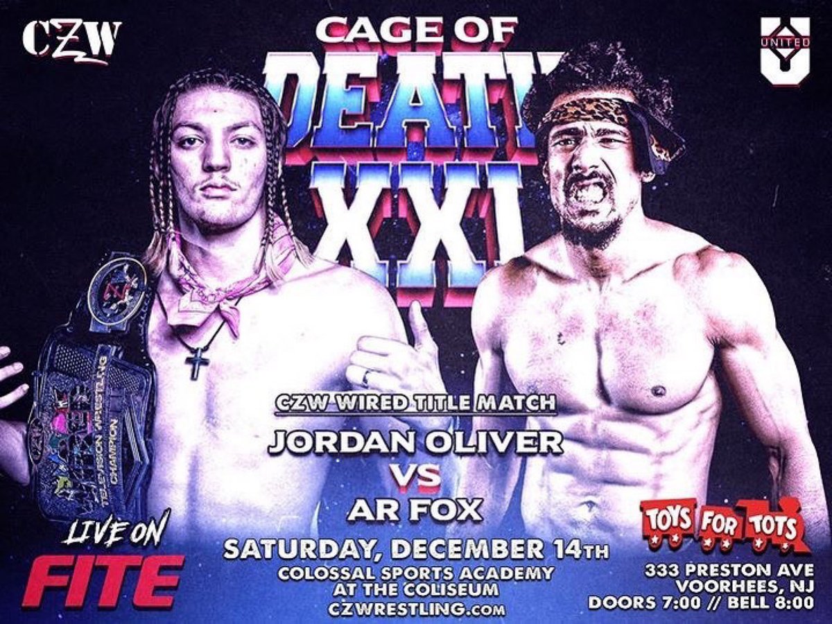 blklkp's tweet photo. The 21st #CageOfDeath is set! 12/14 #streamedLIVEon @FiteTV! #YungDaggerDick @TheJordanOliver defends the #WiredTitle against #TheWholeFoxinShow 
#ConorClaxton FIGHTS #RAWDOG @SilverNumber1 in a #CZWRulesMatch...and in the #ExplodingCage @TheJimmyLLoyd vs @TheReal_Kirk!!! #czw https://t.co/CtTOGqC6ON
