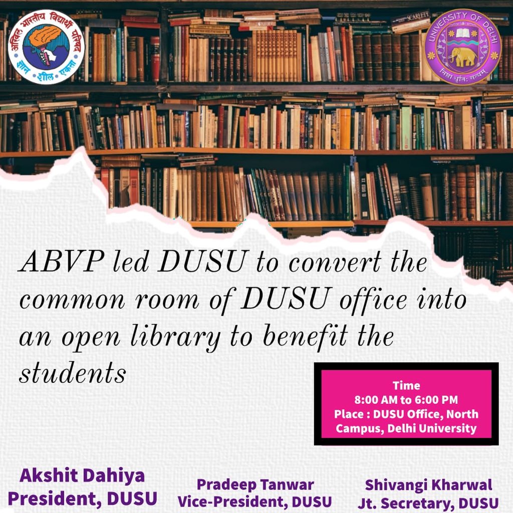 @ABVPDUSU is committed to give you Responsible  Credible and StudentFriendly DUSU . Henceforth, we have decided to convert the common room of DUSU office into an open library to benefit the students. ABVP led DUSU has led several movements to fight for better library in our DU.