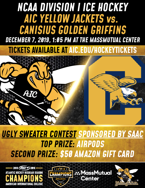 AIC_Hockey's tweet photo. We're having an UGLY SWEATER CONTEST at Saturday's game at the @MM_Center! Wear your ugliest sweater for the chance to win fantastic prizes, courtesy of @AICSAAC!

Need tickets to the game? Visit https://t.co/fp6QPQ8aF9 to snag yours!

#AICommitted https://t.co/H44nqpmlD5