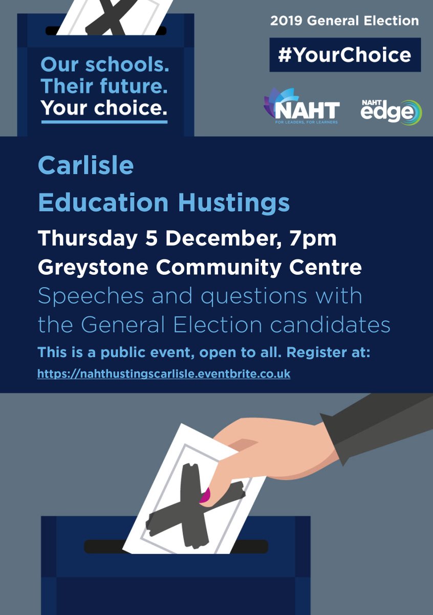 Not sure who to vote for in #Carlisle?

Come to our question time hustings for prospective Parliamentary candidates tonight and hear what Lib Dem @AglionbyLibDem, Labour's @ruthalcroft &amp; UKIP's @Fiona__Mills have to say on #education.

#GE2019 #YourChoice
