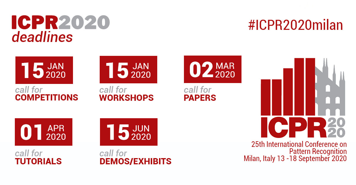 icpr2020milan's tweet photo. Join us and submit your work at #ICPR2020 International Conference Milan Italy #IAPR #CVPL #ICPR2020milan  #submissioncall  
Deadlines &amp; details on the website:
https://t.co/fmHrhIdZWx 
#ComputerVision #patternrecognition #MachineLearning #ArtificialIntelligence #deeplearning https://t.co/uMbZckPKox