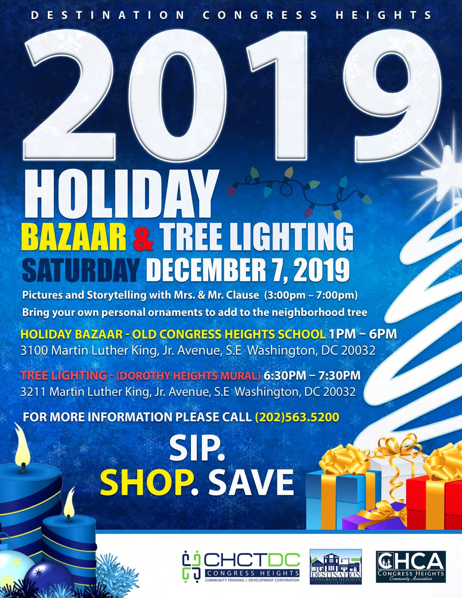 After you have shopped for everyone on your list, join us from 6:30pm - 7:30pm for “Congress Heights Community Tree Lighting” w/ Live Music at Dorothy I. Height Park -3211 MLK Jr Ave., SE Wash., DC 20032. Live music ft. Jus Paul &amp; Keith Angelo of the Fixx singing Holiday Jams.