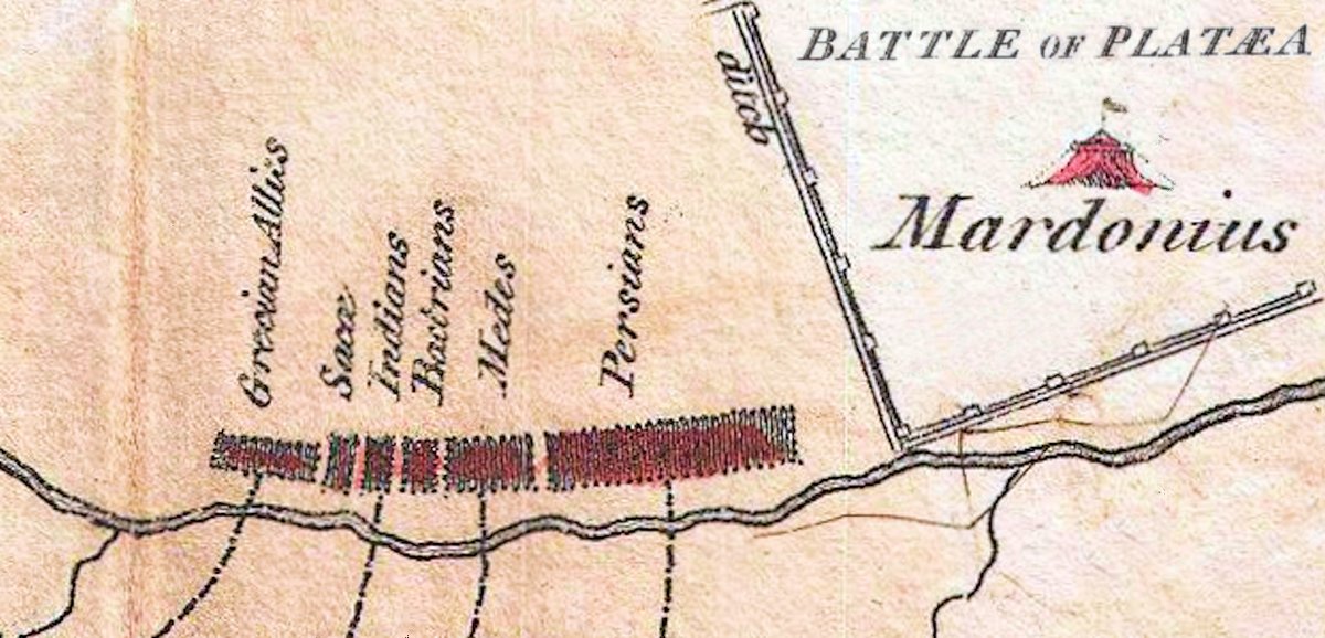 Camp of General Mardonius and disposition of Achaemenid troops at the Battle of Plataea (479 BC) during the Second Greco-Persian War, in which Mardonius was killed. From left to right: Greek allies, Sakas, Indians, Bactrians, Medes and Persians.