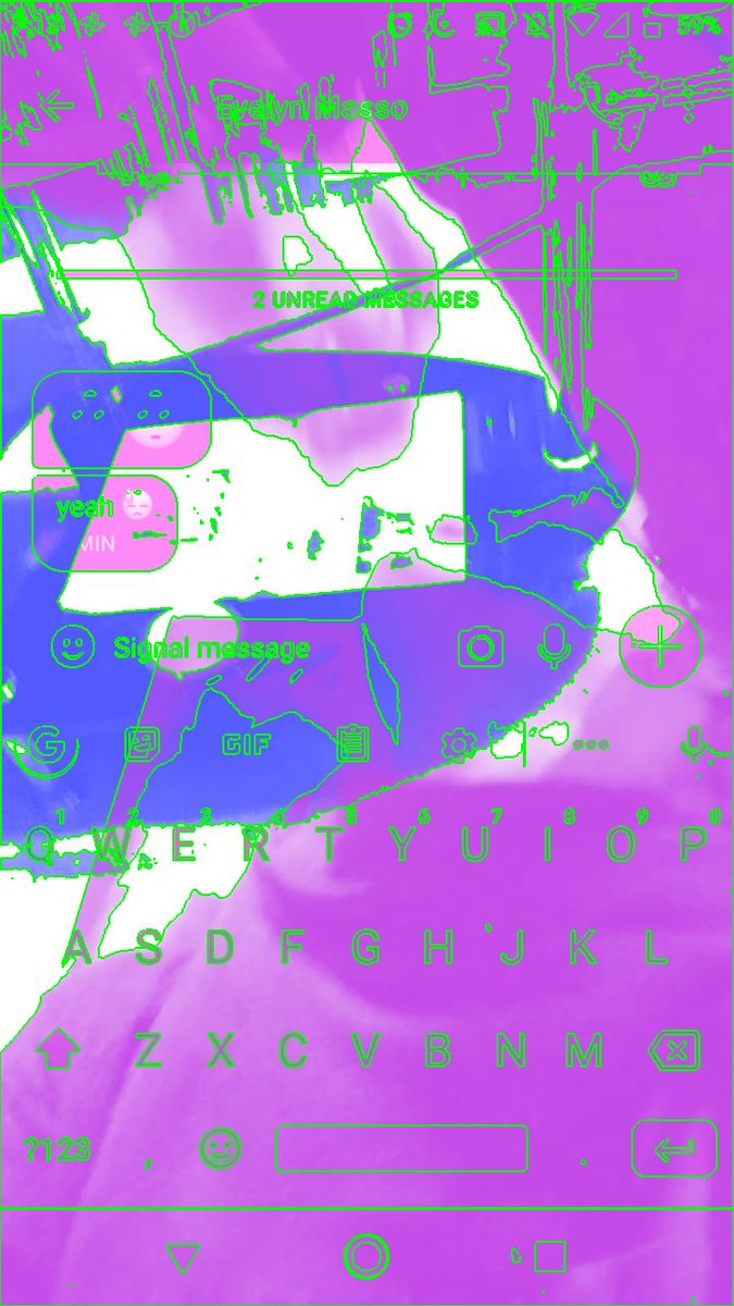overlaid abstract shapes and android interface elements in pink and purple