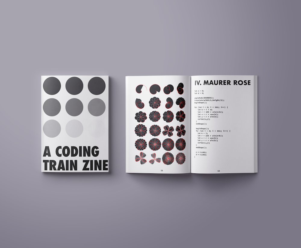 coding train zine, with an array of circles from black to white on the cover