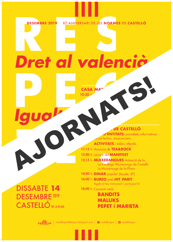‼️‼️ Castelló per la Llengua acorda ajornar la commemoració de les ‘Normes de Castelló’ al febrer

👉 Emplacem <a href="/AjuntCastello/">Ajuntament de Castelló</a> a una negociació franca i oberta perquè els actes commemoratius se celebren el 15 de febrer a la Plaça Major

#NormesalaPlaça

castelloperlallengua.blogspot.com/2019/12/castel…