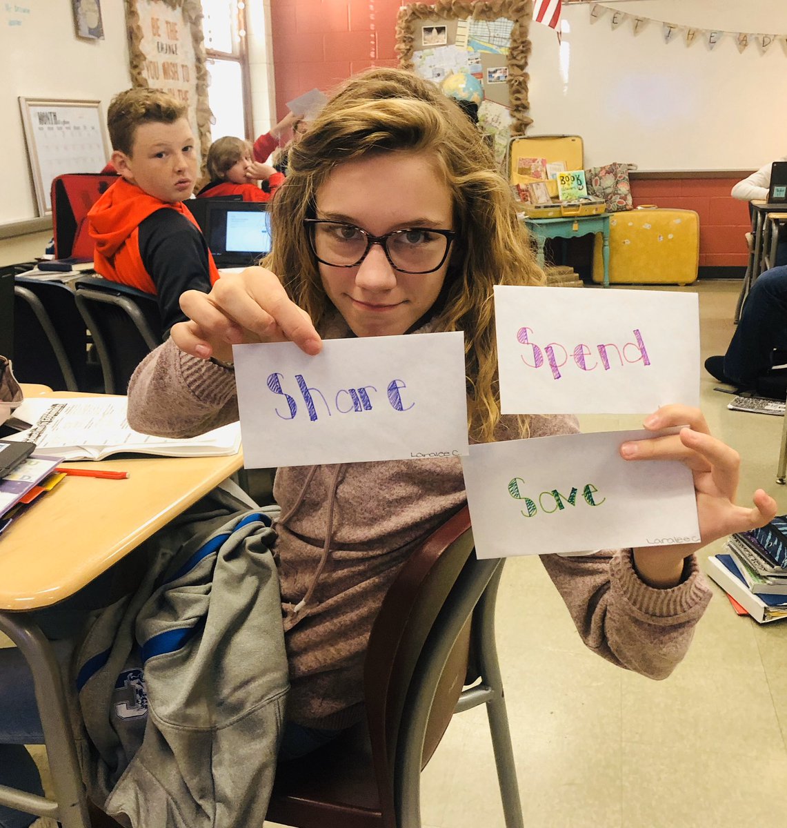 AndreaATimR6's tweet photo. We are deep in economics and personal financial planning. Students are setting goals and using the Save, Spend, Share method to set savings goals. We are discussing putting 10% aside for charity and saving money for a car. #MakingHistoryin401 #WPMS https://t.co/RYSsPjcGXd