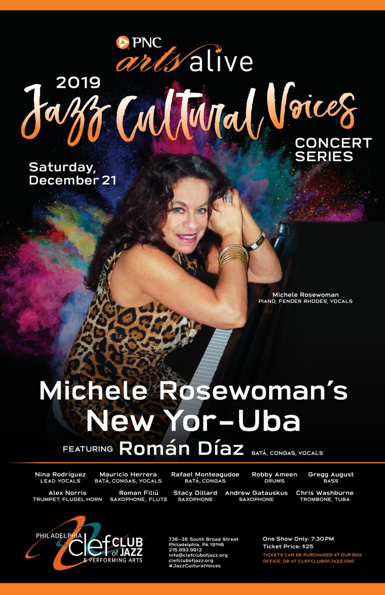 Jazz Cultural Voices – 
Michele Rosewoman’s New Yor-uba feat. Roman Diaz
December 21 @ 7:30 pm - 9:30 pm$25.00 clefclubofjazz.org/event/pnc-arts…