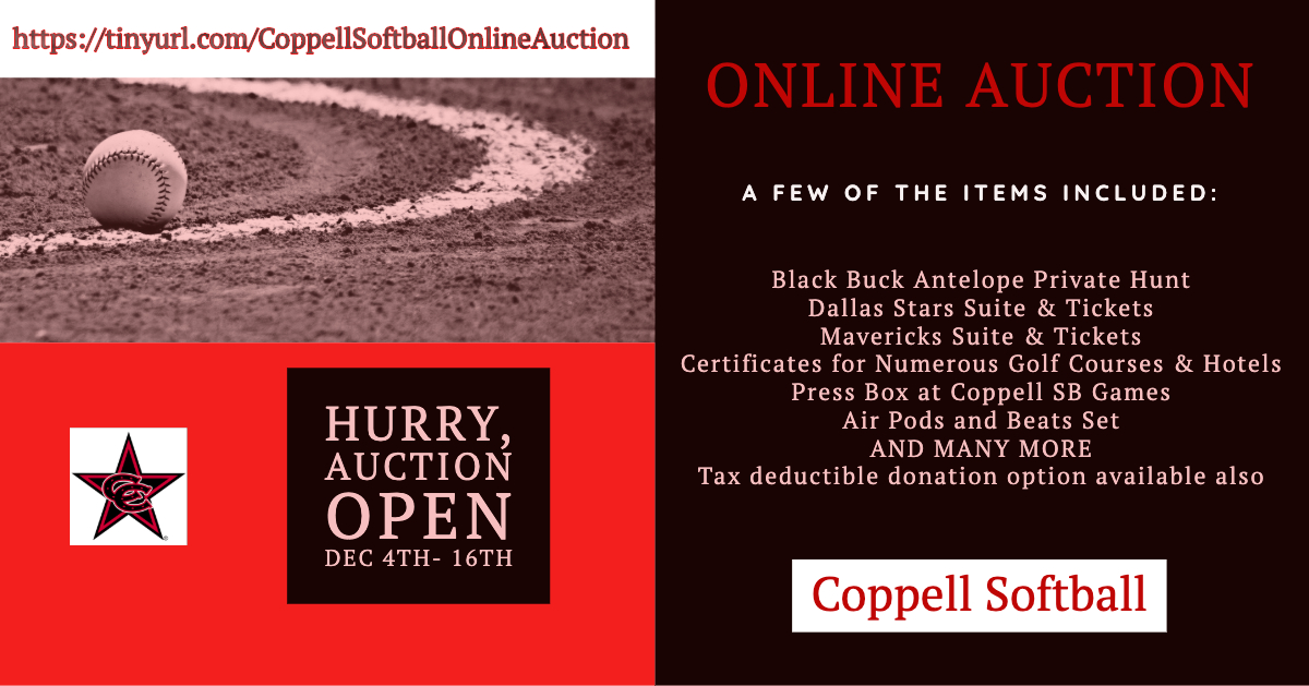 We've got bids already! Hurry and check out the awesome items Coppell Softball has for the online auction. Dec 4th-16th. 

#CoppellSoftball #32onlineauction #RightInTimeForChristmasGifts