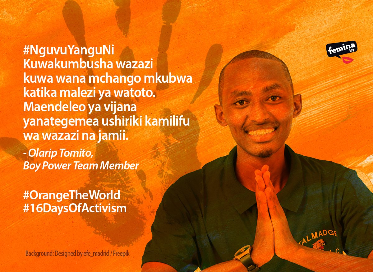FeminaHip's tweet photo. #MyPowerIs to remind parents that they play a vital role in the upbringing of children. Youth development depends on the active involvement of parents and the community.
- Olarip Tomito, Boy Power Team Member
#NguvuYanguNi #orangetheworld  #16DaysOfActivism https://t.co/ULIVmglQMD