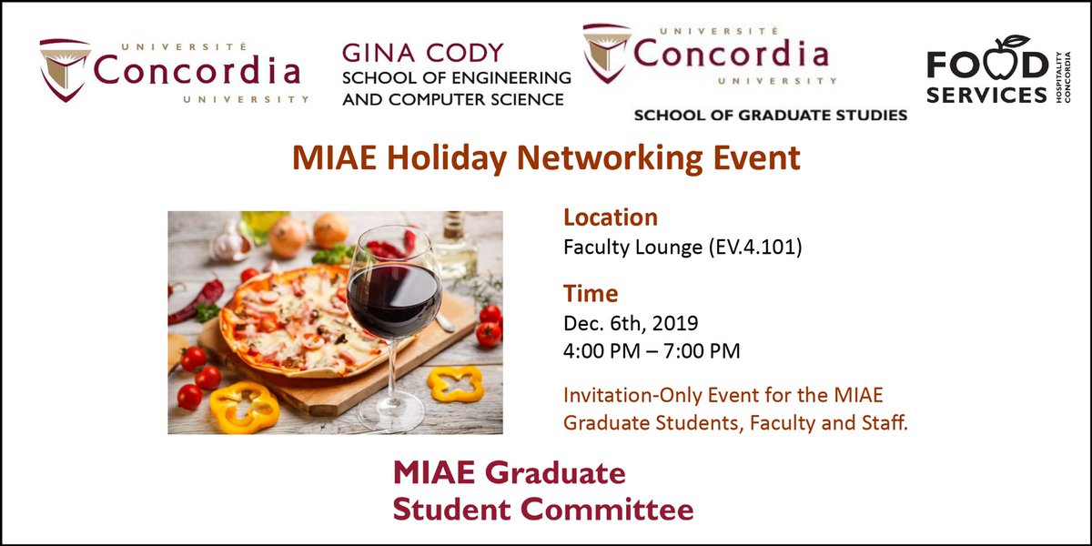 MIAE Holiday networking event on Dec. 6th EV4.101 from 4pm to 7pm <a href="/Concordia/">Concordia University</a>  <a href="/ConcordiaGrad/">ConcordiaGradStudies</a> <a href="/MIAE_GSC/">MIAE GSC</a> <a href="/OR_MTLchapter/">Montreal OR Student Chapter (MORSC)</a>