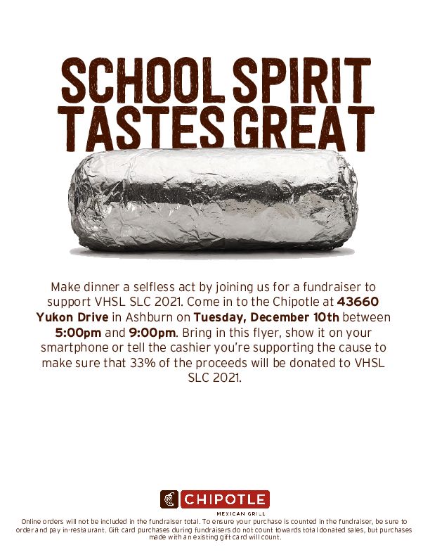 VHSL_SLC_2021's tweet photo. Got dinner plans on Tuesday, December 10?  In support of the 2021 VHSL SLC, Rock Ridge is hosting a fundraiser at Chipotle (Ashburn next to Giant) from 5-9.  Stop by and make sure to mention Rock Ridge when paying!  #lcps19 @RockRidgeWINGS @RockRidgeHigh @LCPSOfficial__ https://t.co/ONY7RHVoeF