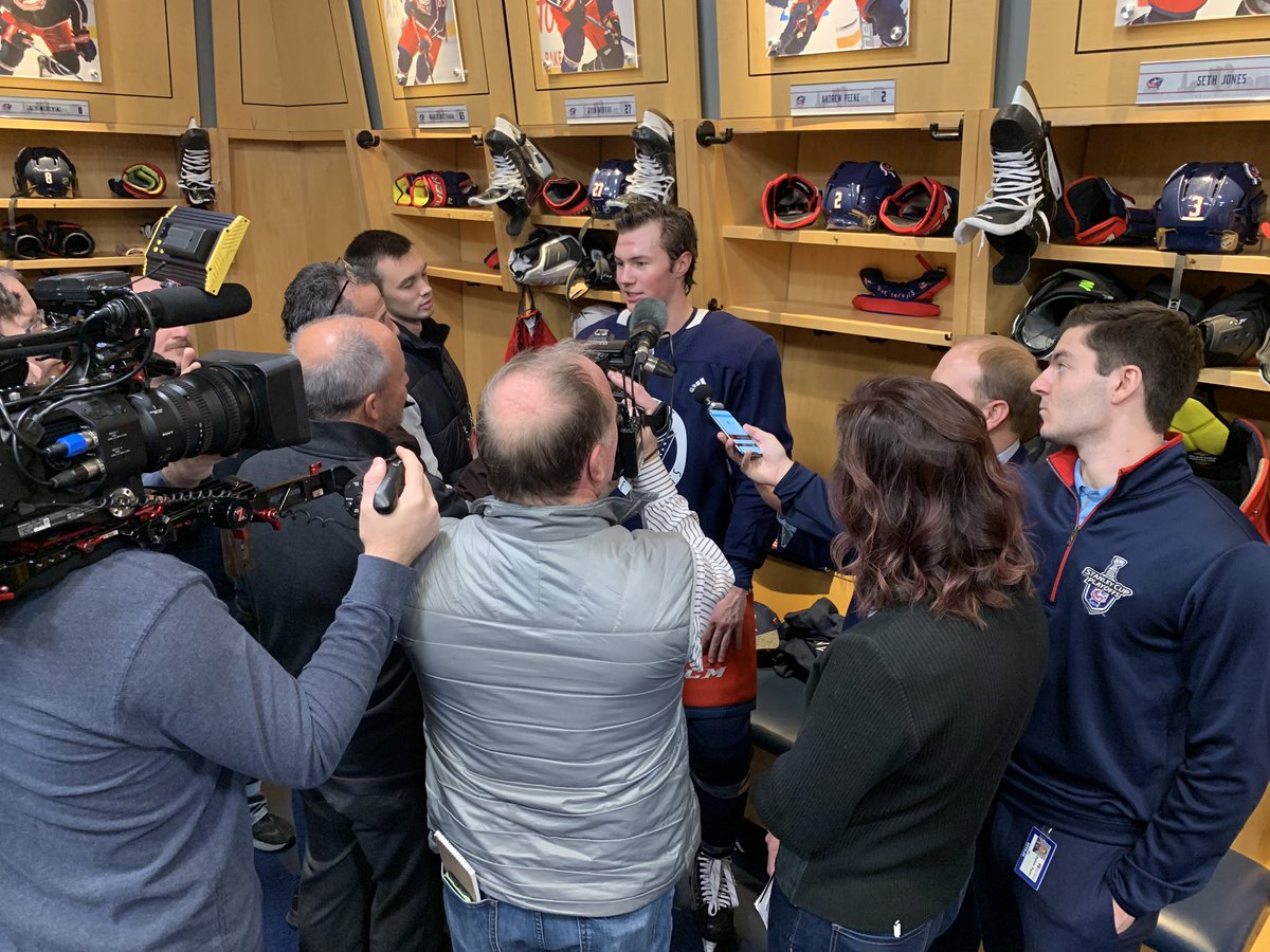 BlueJacketsPR's tweet photo. .@andrewpeeke20, slated to make his #NHL debut tonight vs. the Rangers, first meets the media following today’s morning skate. https://t.co/tjEXeITPrd
