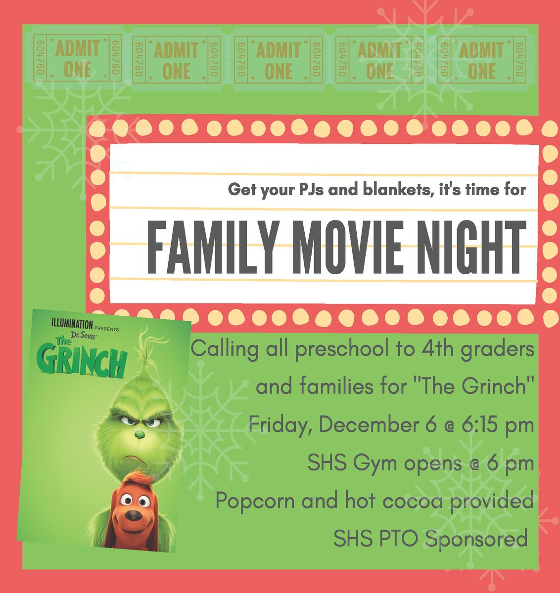 We are so excited for our Family Movie Night tomorrow! We'd love all our families in Preschool - 4th grade to join us!