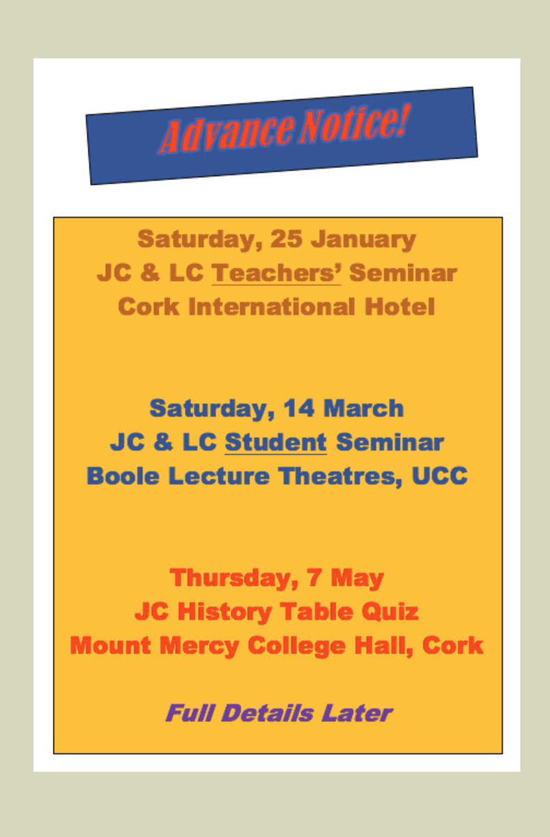 Advance Notice for <a href="/CorkHTA/">Cork HTA</a> programme after Christmas #historyteacher &amp; #student seminars corkhta.ie #histedchatie #edchatie