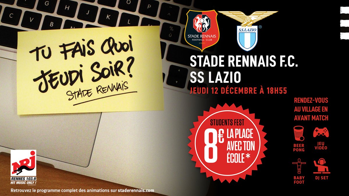 staderennais's tweet photo. [#StudentsFest]

Plus qu'une semaine avant la deuxième Students Fest de la saison pour #SRFCSSL ! 😁🙌

Etudiant(e)s, on vous attend au @RoazhonPark ! 🏟🔥

Toutes les infos 👉 https://t.co/qoAaAv1xR5
---
#AllezRennes 
#ToutDonner 💪🔴⚫️ https://t.co/gLREX0pfjm