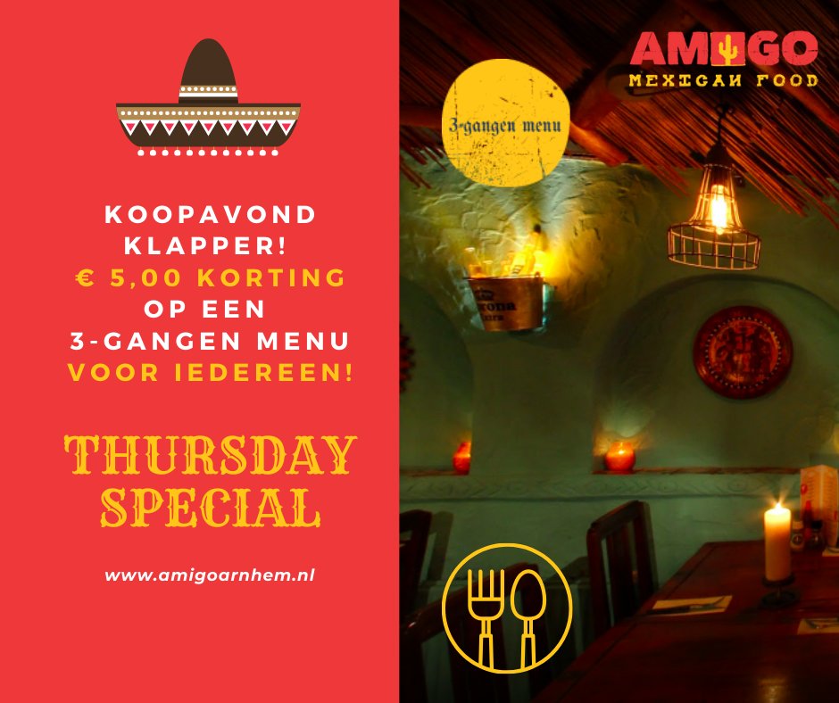 AmigoArnhem's tweet photo. Koopavond voordeel! Nog even snel inkopen doen vandaag en dan een driegangen menu bestellen bij #AmigoArnhem met maar liefst € 5,00 korting! Kun je dat weer besteden aan een kleinigheidje voor je favoriete familielid! #actie #menu #driegangen #Amigo #discount #donderdag https://t.co/Va7hMpHces