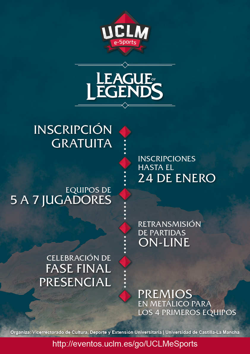 UCLMdeportes's tweet photo. UCLM e-Sports
Apúntate a nuestra competición de "League of Legends". Con premios en metálico, fase on-line y fase final presencial. #UCLMeSports
La inscripción es gratuita!!!
Tienes toda la información en https://t.co/XeNikHstbr https://t.co/EcFgyTFWLL