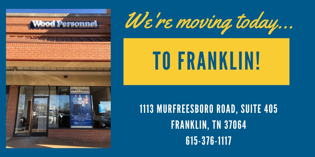 WoodPersonnel's tweet photo. It is moving day but it is business as usual and we do not anticipate any down time during the move this afternoon. Same number: 615-376-1117. New address: 1113 Murfreesboro Rd, Ste 405, Franklin, TN 37064. Right off I-65 and located in the same shopping center as Hobby Lobby. https://t.co/gmxH67x4BT