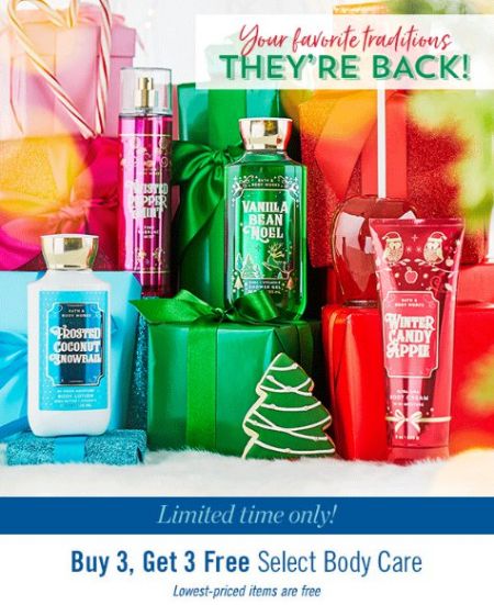 LABoardwalk's tweet image. Stock up on your Holiday Favorites at @bathanbody with buy 3, get 3 free on select body care!

Lowest-priced items are free. Ends tomorrow.