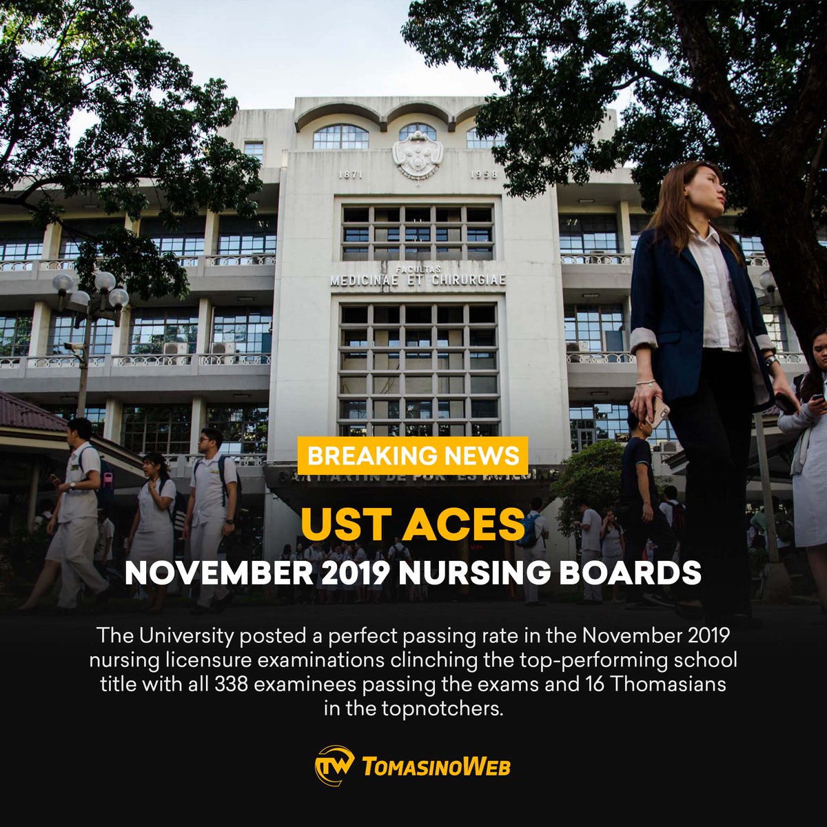 TomasinoWeb's tweet photo. BREAKING: The University posted a perfect passing rate in the November 2019 nursing licensure examinations clinching the top-performing school title with all 338 examinees passing the exams and 16 Thomasians in the topnotchers. Story to follow. https://t.co/iySPKuj0p2