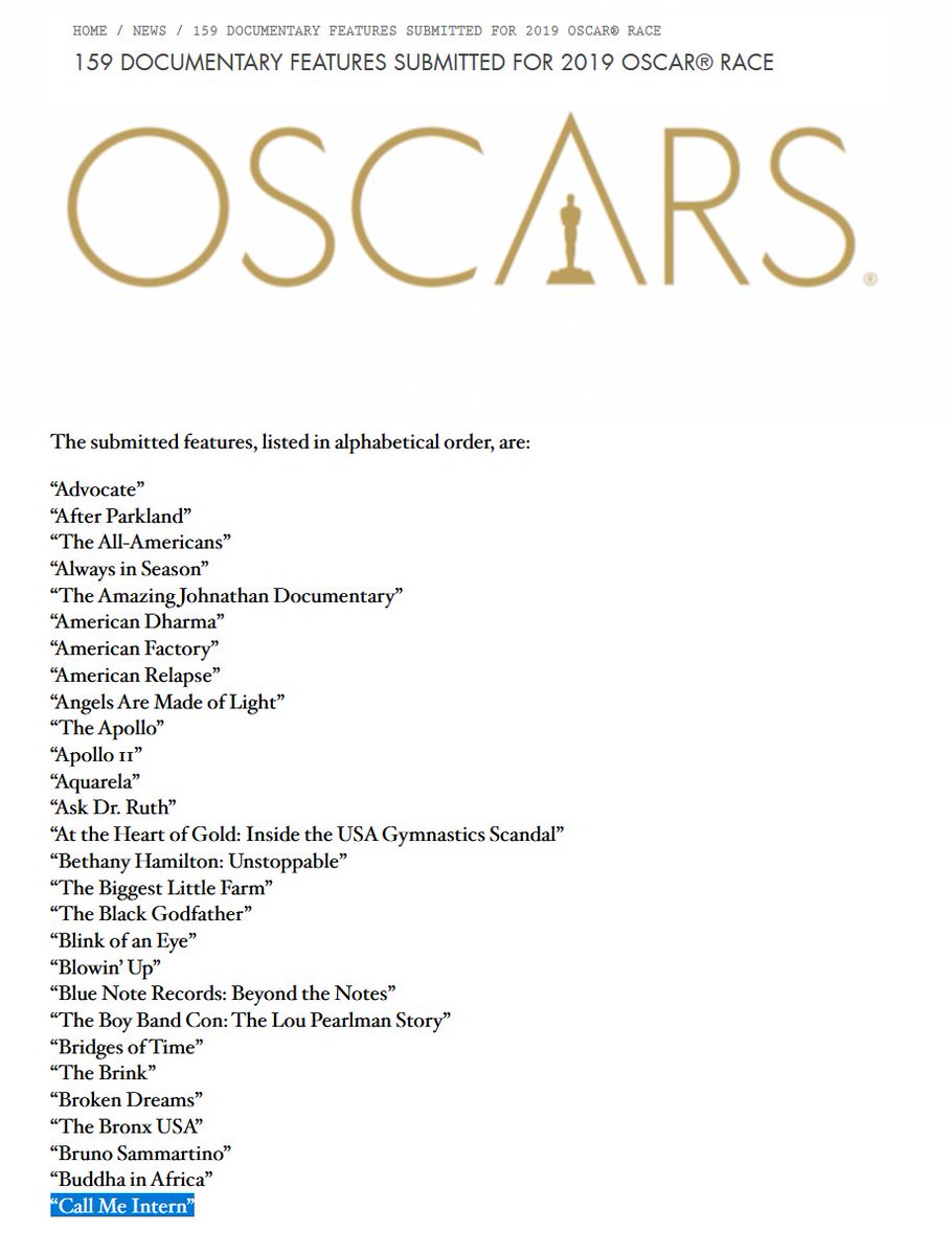 anunpaidact's tweet photo. Call Me Intern in the running for the Oscars (thanks to our best NZ Doc win at @Docedge) - along side 159 other great films!
Can't wait to see them all :)
#CallMeIntern #PayYourInterns
https://t.co/rof0wdAQYr https://t.co/9Vg8erByZC