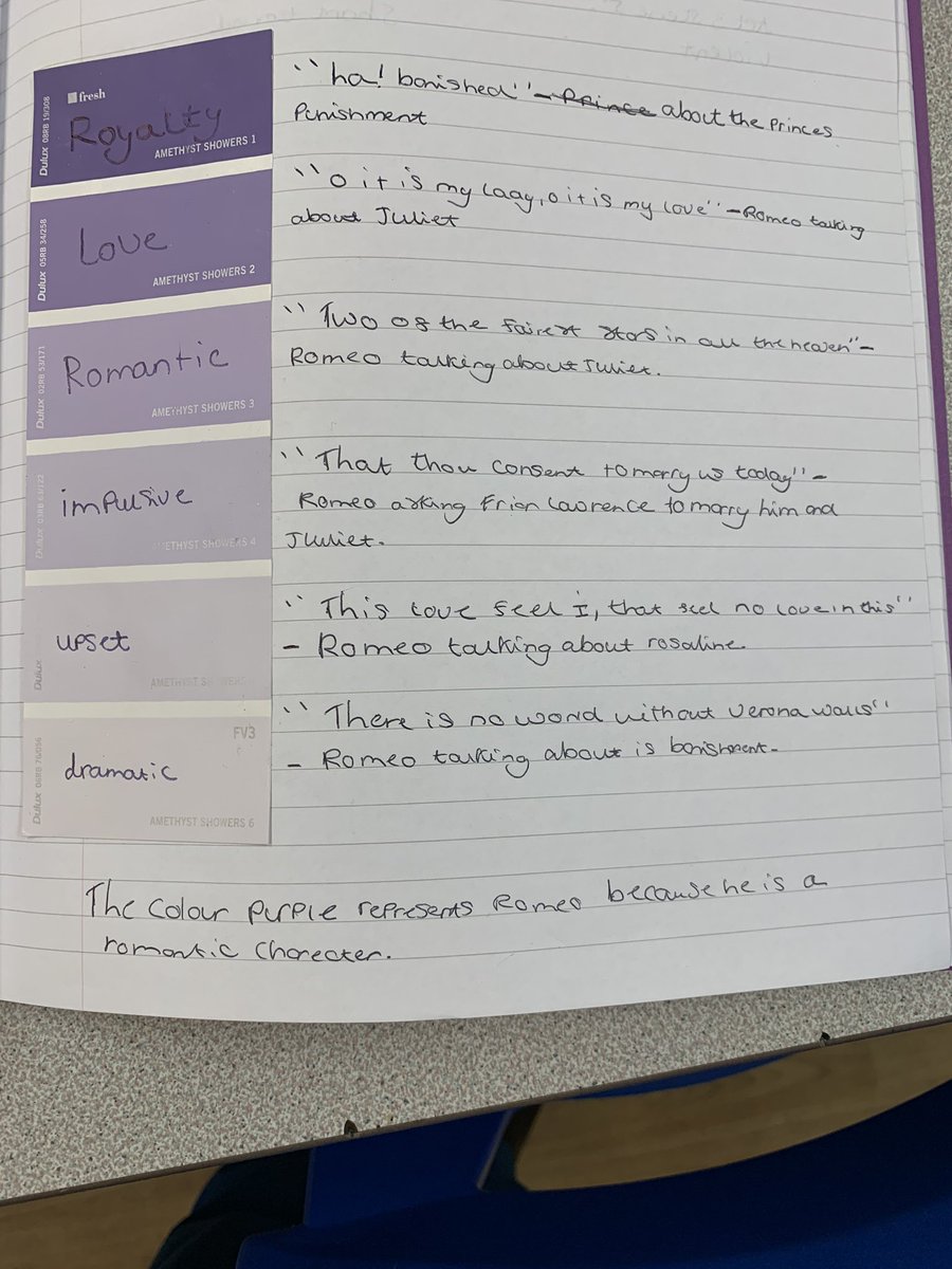 miss_mayne91's tweet photo. #12daysofpedagogy is BACK! Today was Poundland Pedagogy; challenged to use a random item from a selection in staff briefing. I used paint strips to help students revise for part B (whole text) and think about characters differently in Romeo and Juliet. @TLMountbatten https://t.co/WQ1cRUzjh5