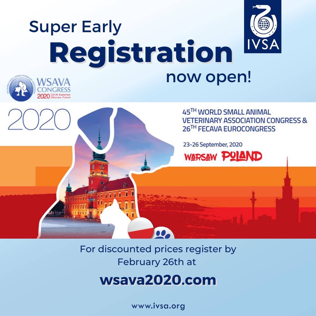 IVSA_GLOBAL's tweet photo. [WSAVA/FECAVA 2020 Registration]

The 45th WSAVA Congress &amp; the 26th FECAVA EuroCongress will take place from 23 - 26 September 2020 in Warsaw, Poland.

Find more information and register at https://t.co/RHxNT0ykLN

#wsava #fecava #ivsa #wsavacongress #wsava2020 #vetstudent https://t.co/5Y5fd5kEQw