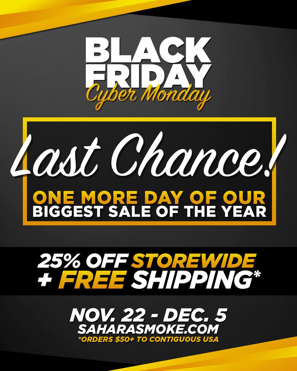 SaharaSmoke's tweet photo. One more day of our Black Friday/Cyber Monday sale. #saharasmoke https://t.co/YCzl7E8vMr https://t.co/GU1T9f7rpn