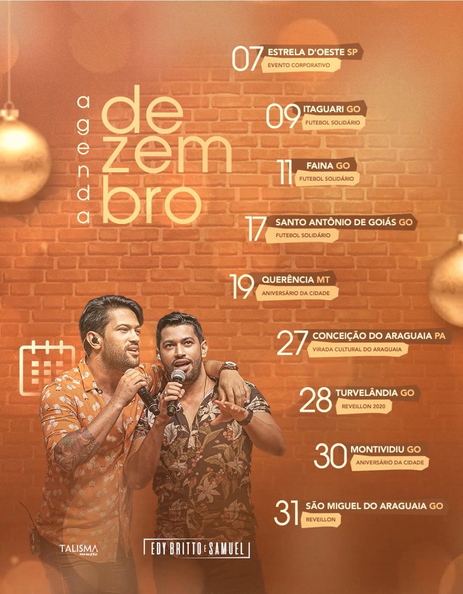 BrittoSamuel's tweet photo. Agenda De Dezembro! Borá com os ciganos! 😊 #EdyBrittoESamuel https://t.co/QNjhE7Vrwr