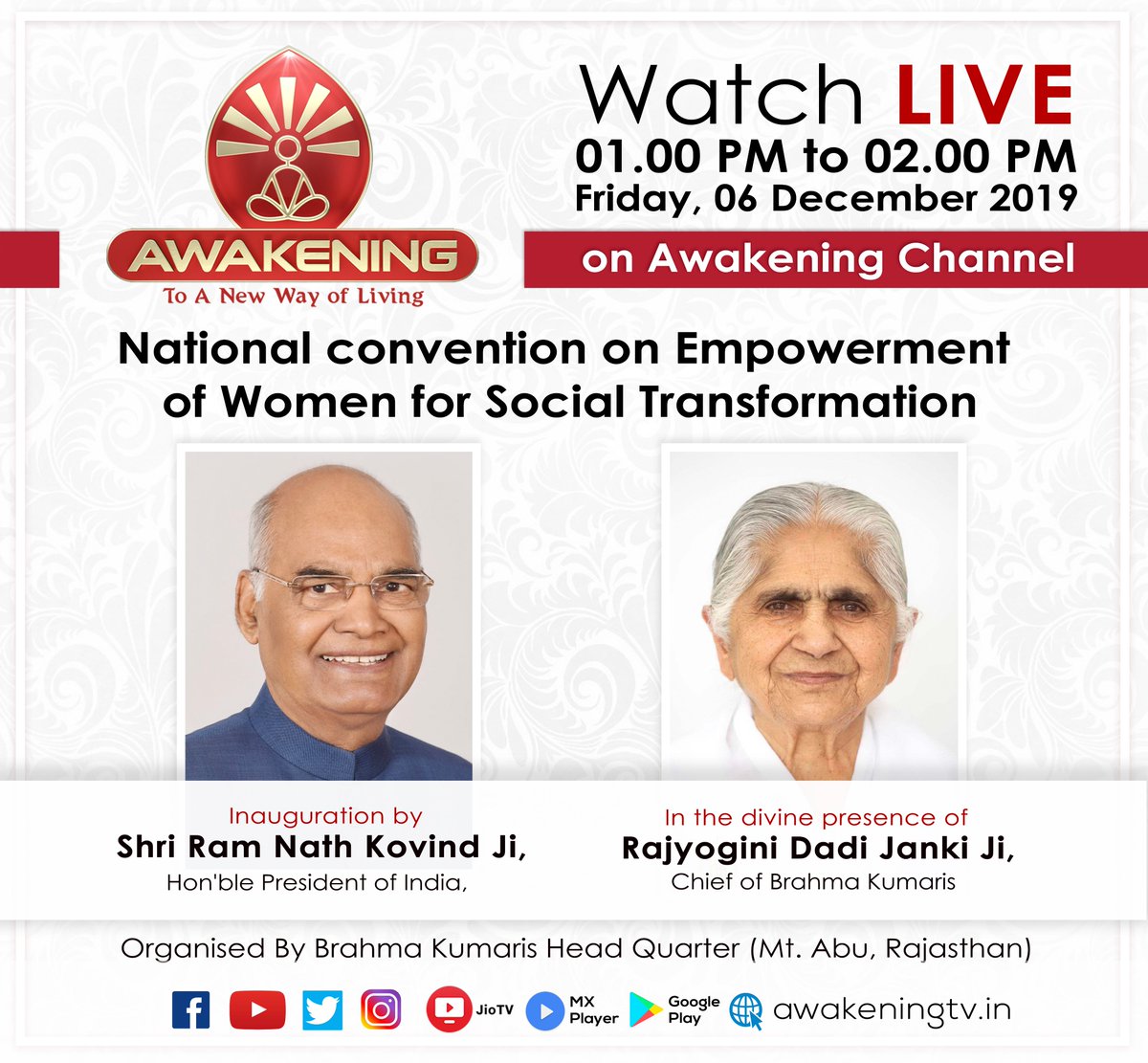 TvAwakening's tweet photo. (1/2) Watch National Convention on "Empowerment of Women" for Social Transformation LIVE from 1 PM to 2 PM (ISD), 6th Dec on Awakening TV Channel. Inauguration by Shri Ram Nath Kovind Ji, Hon'ble President of India... https://t.co/vPcLsjJNIb