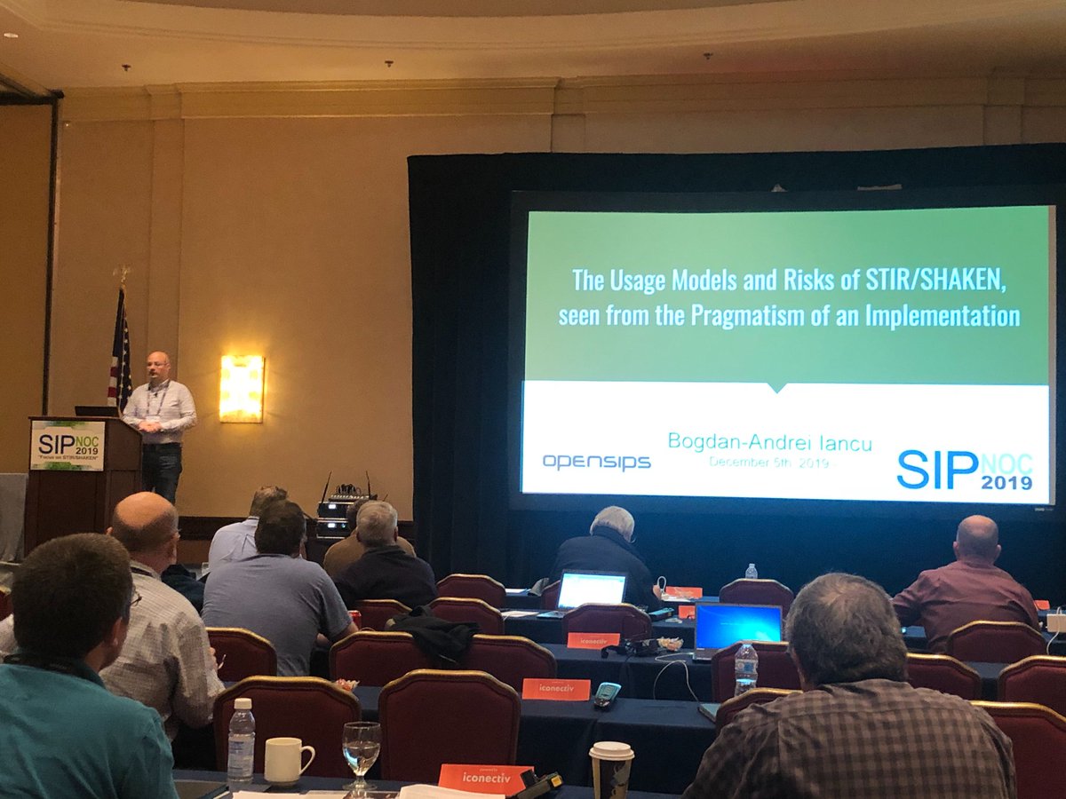 opensips's tweet photo. @bogdan_iancu talking about the #stirandshaken implementation in @opensips during the #sipnoc2019 #conference https://t.co/VzkEsYOFYW