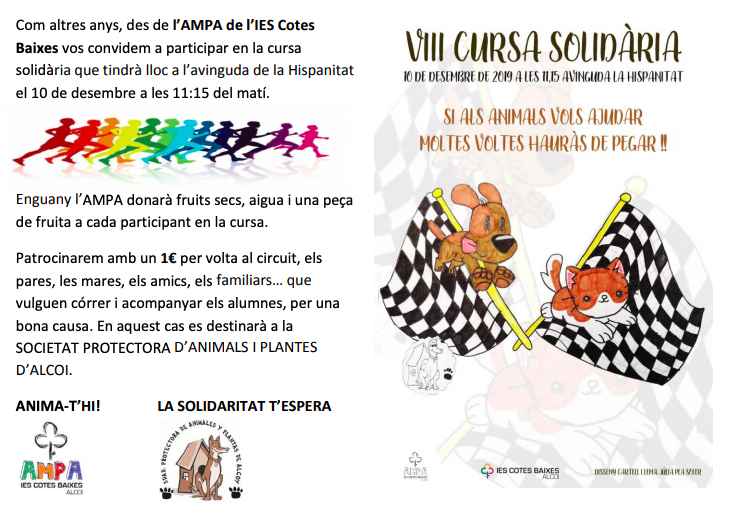 IESCotesBaixes's tweet photo. 📢Iniciem el compte arrere!📢...Dimarts que ve tindrà lloc la nostra tradicional CURSA SOLIDÀRIA #IESCotesBaixes🏃‍. 

T'esperem en l'avinguda de la hispanitat a les 11.15 hores ben equipat 🎽👟🧢 per a córrer com una bala.

#FormantPersones #ConstruintFutur https://t.co/BeO1kAOLMl