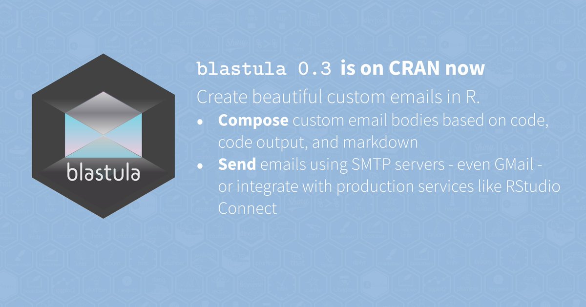 We’re pleased to announce blastula, a package for creating beautiful custom emails in R. Use blastula to: Compose custom email bodies based on code, code output, and markdown, and Send emails.
Learn more at buff.ly/2YleONn