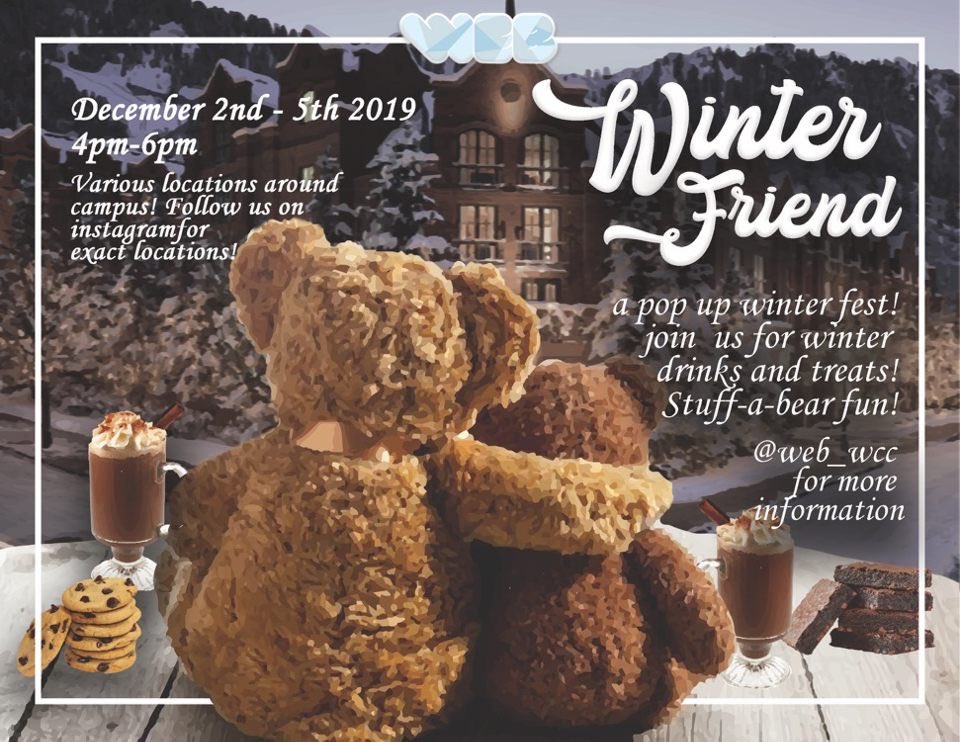 WEB_WCC's tweet photo. Winter Friend will continue today in the 1st floor of the Science Building from 4-6PM! Come make a friend just in time for the holiday season! ☃️🎄❄️ https://t.co/hdBPGmRO1s