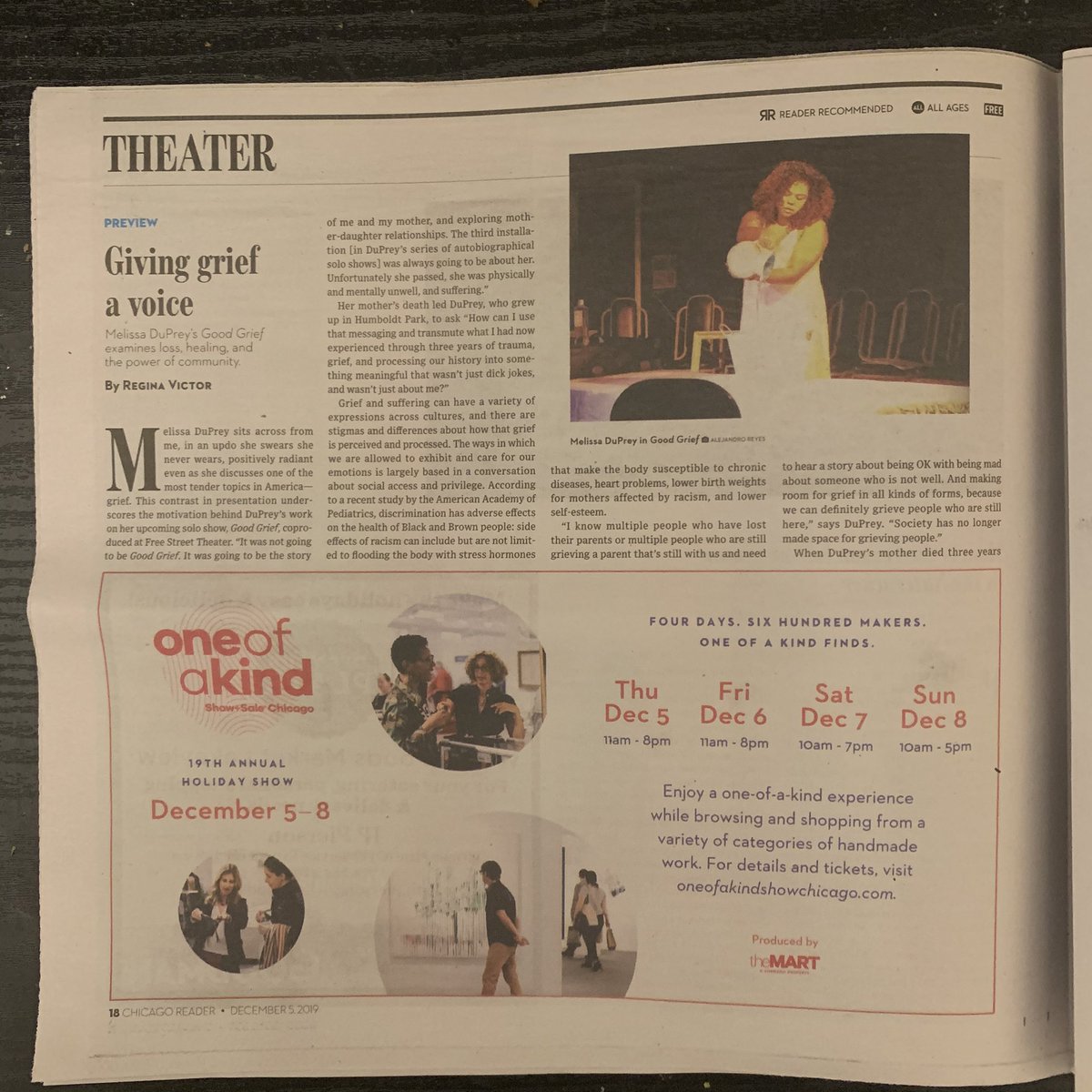 OfficialReginaV's tweet photo. It’s in print 😍 pick up the @chicago_reader today to check out my preview piece on Melissa DuPrey’s show, Good Grief, at Free Street! #theatre #writer #critic #performance #arts #chicago https://t.co/vvUFXZ7hhl