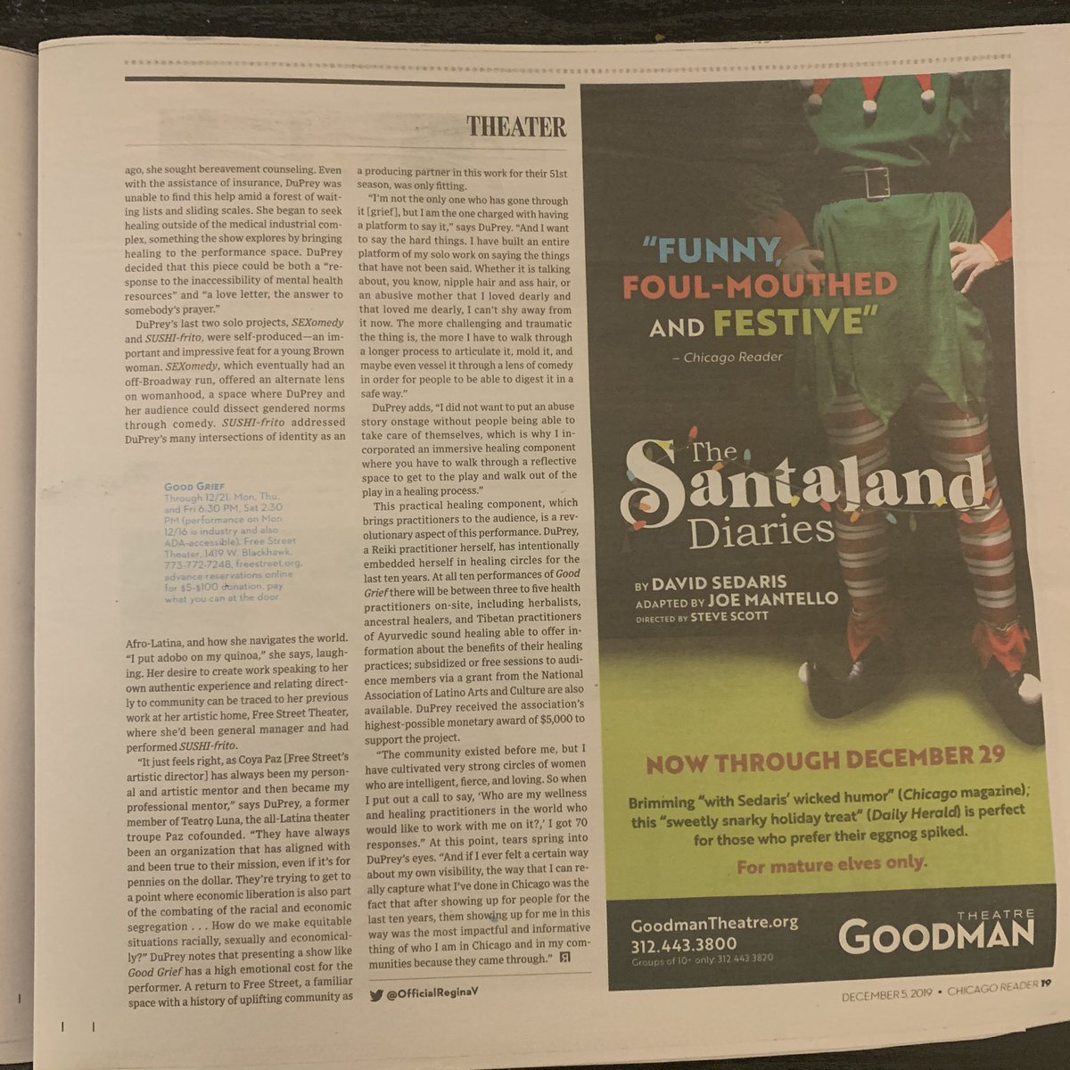 OfficialReginaV's tweet photo. It’s in print 😍 pick up the @chicago_reader today to check out my preview piece on Melissa DuPrey’s show, Good Grief, at Free Street! #theatre #writer #critic #performance #arts #chicago https://t.co/vvUFXZ7hhl