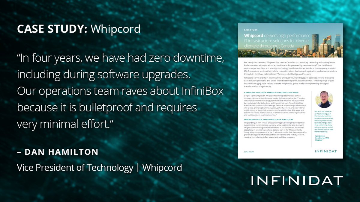 Infinidat's tweet photo. You probably think zero downtime over a four-year period is impossible. It's not! Since installing Infinidat's InfiniBox, Canadian IT service provider @WhipcordLtd has stayed up and running, even during software upgrades. See the case study for more info: https://t.co/uaBH0qXRkr https://t.co/9IJIwUkufo
