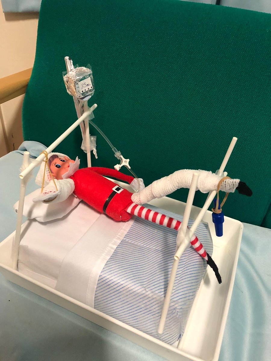17Respiratory's tweet photo. Well what a day our Elf has had... he. became poorly needing fluids, had a fall from his bed and then ended up in traction 😳 https://t.co/XEFithXiZN