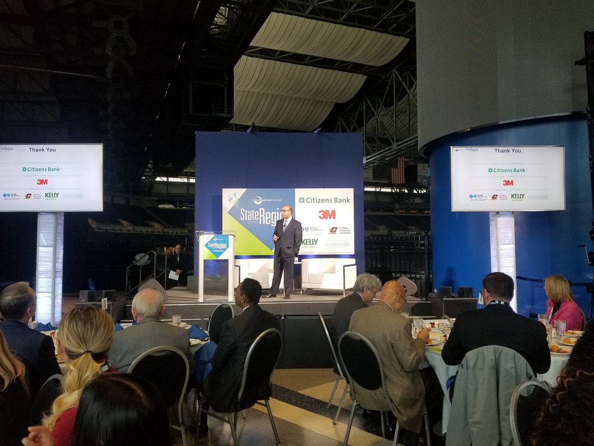 DetroitChamber's tweet photo. Underway now, the 6th Annual State of the Region presented by the Detroit Regional Chamber. @Baruah_DRC_CEO gives opening remarks. "While the conversation is in this room, we don't want it to stay in this room." Use #DETSOR to share your findings. https://t.co/e75R041ofG