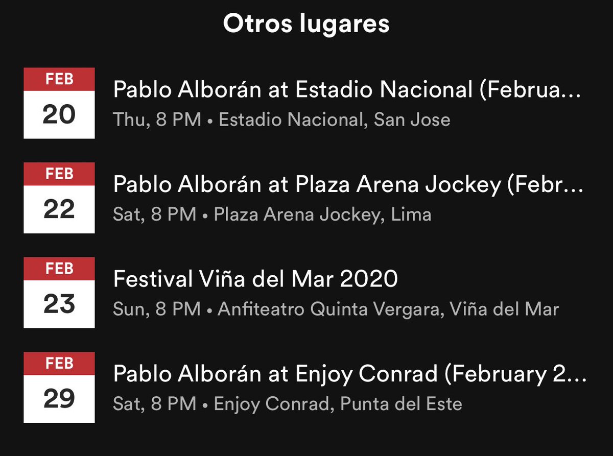 angelestorra65's tweet photo. ¡¡En @SpotifySpain vienen incluidos los conciertos de los #Shows2020 de
@pabloalboran en
#Febrero2020 Costa Rica 🇨🇷, Lima( 🇵🇪 Perú) , Chile 🇨🇱, Uruguay 🇺🇾 Punta del Este!! https://t.co/MOG5otxAgi